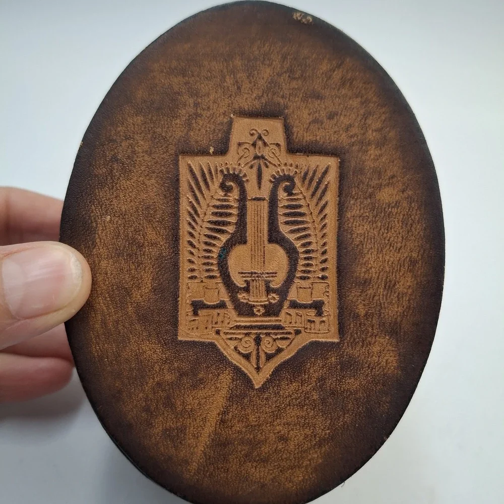 Vintage Leather Trinket Box Embossed Lyre Harp Emblem Red Velvet Lined Biblical